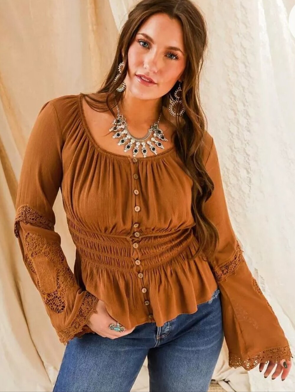NWOT Gimmicks by BKE Rust Peasant Blouse with Lace Trim